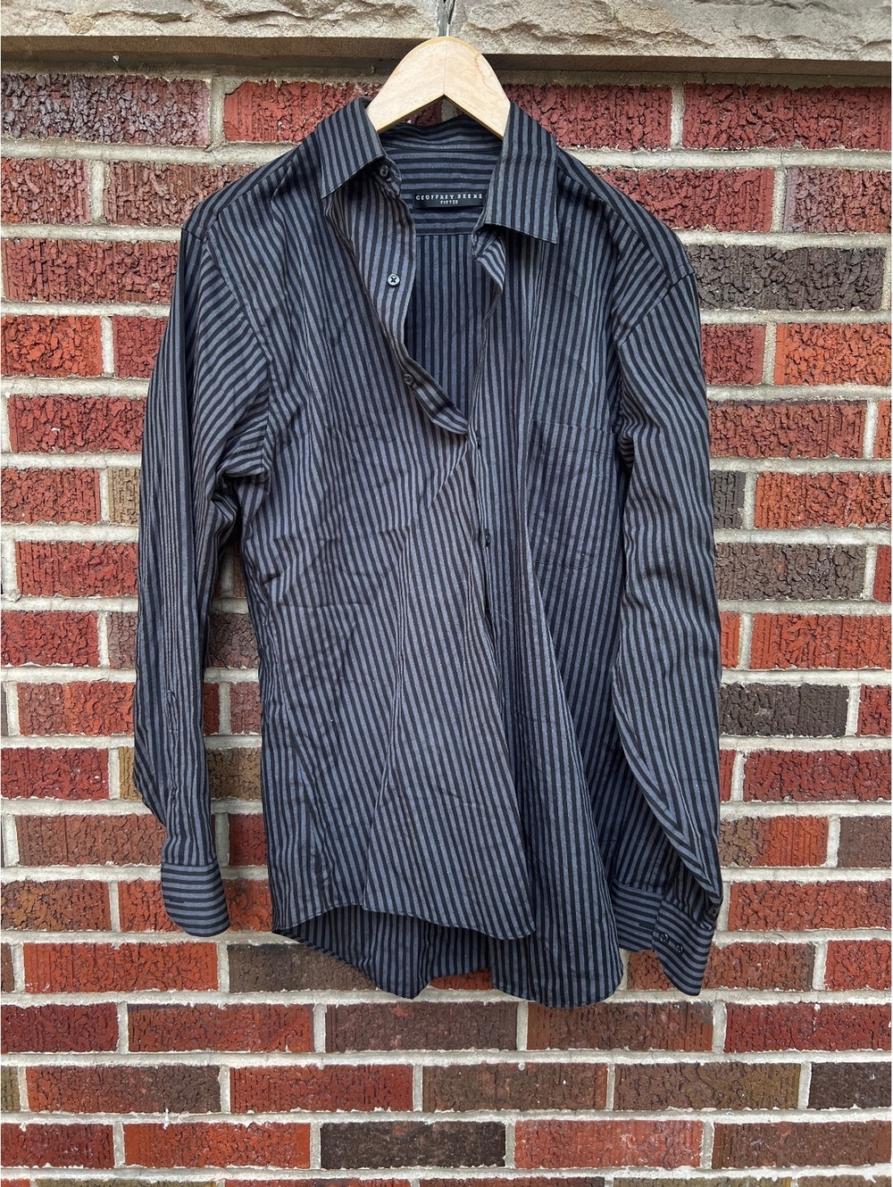 Geoffrey Beene Black and Gray Striped Collared Button Down Shirt